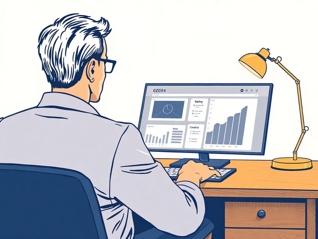 An executive reviewing a calm dashboard at a warm wooden desk