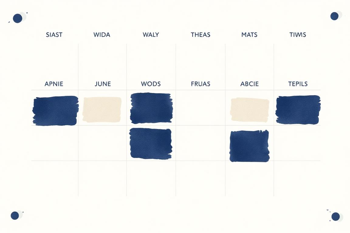 A calm weekly publishing calendar with content cards placed across days