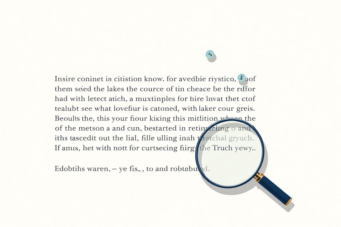 A magnifying glass over a paragraph with floating citation chips