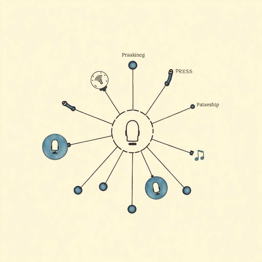 Network of speaking, podcast, press, and partnership nodes radiating from an executive signal