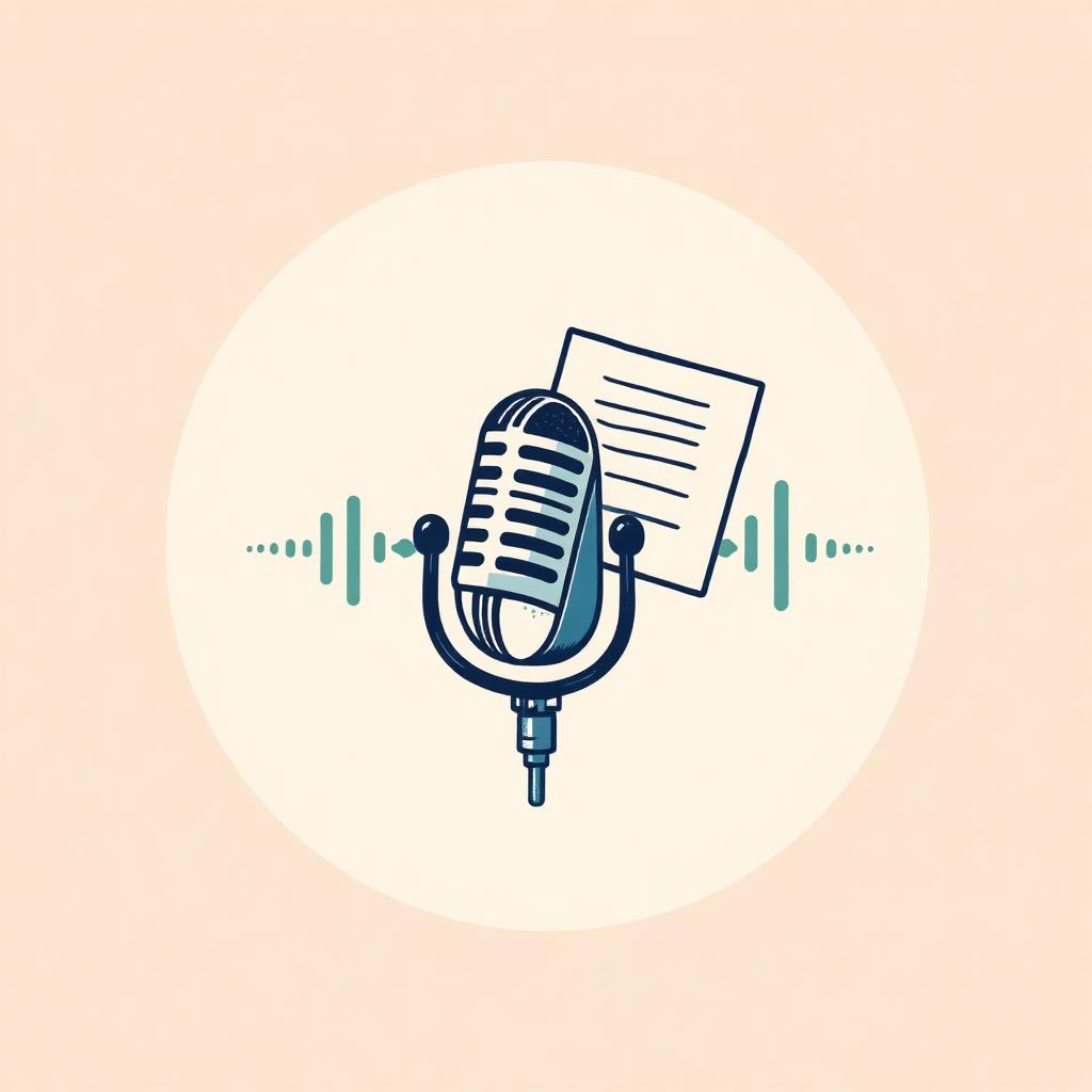 Podcast microphone with script cards and a soft waveform