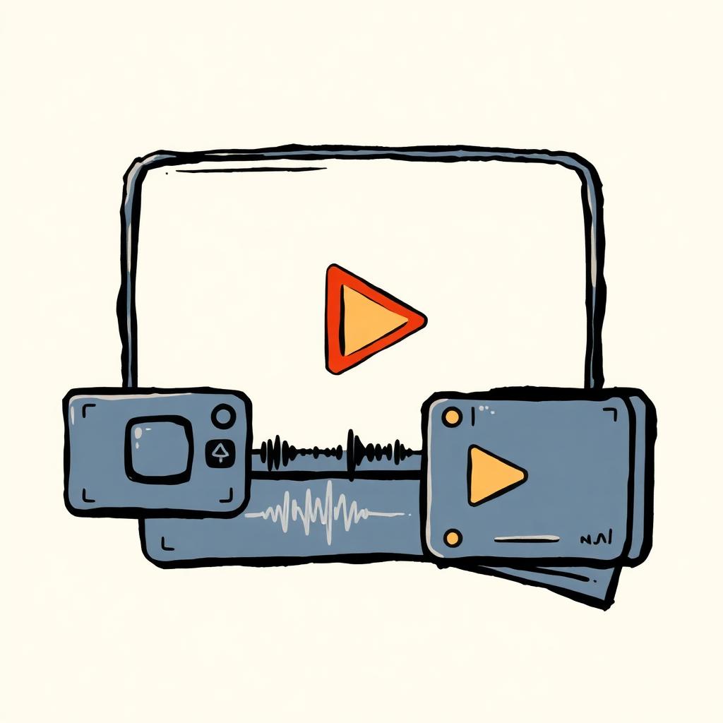 Video frame with timeline, waveform, and media cards